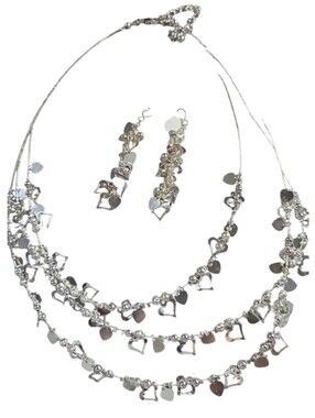 Silver Multi-Layer Heart Charm Wire Necklace And Earrings New Vtg Mix It Jcp